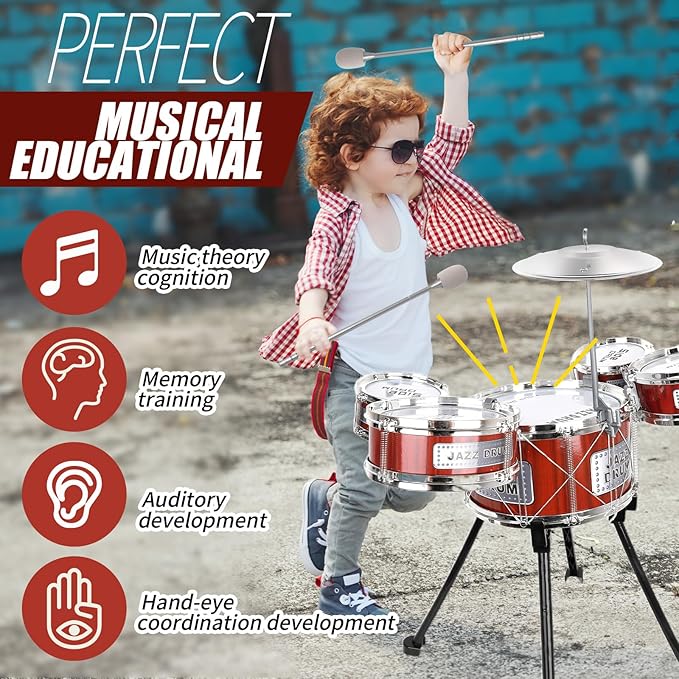 TWFRIC Toy Drum Kit for Kids 3-5 Upgraded Toddler Rock Drum Set with 5 Drums Musical Instrument Toys for 3 4 5 Year Old Boys Girls Gifts 4-6