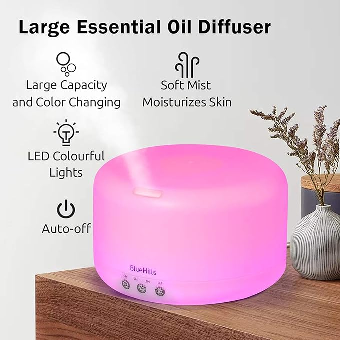 BlueHills Premium 1000 ML XL Essential Oil Diffuser Aromatherapy Humidifier with Remote for Large Room Home 18 Hour Run Huge Coverage Area 1 Liter Mood Lights Extra Large Capacity White D001