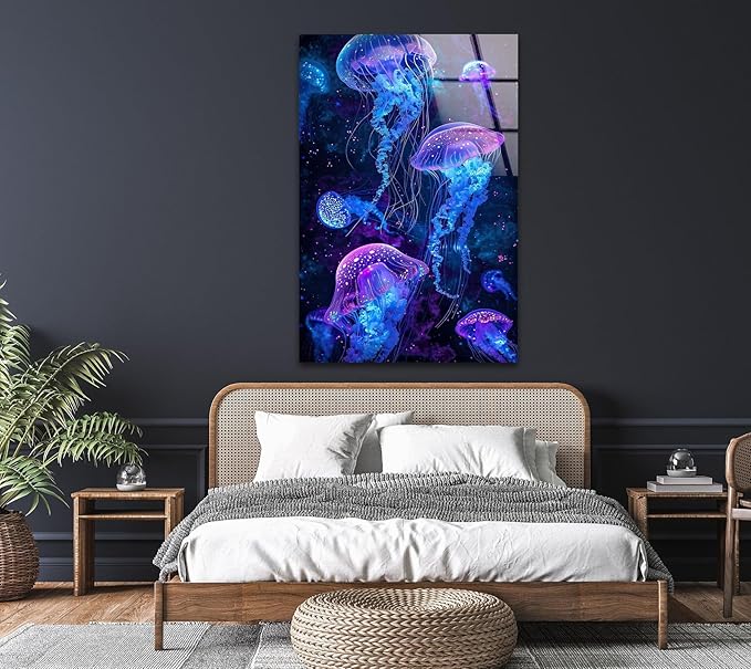 My Photostation.com 24Wx30H'' Glowing Jellyfish Glass Wall Art Tempered Glass Printing Wall Decor Large Wall Art Wall Hangings