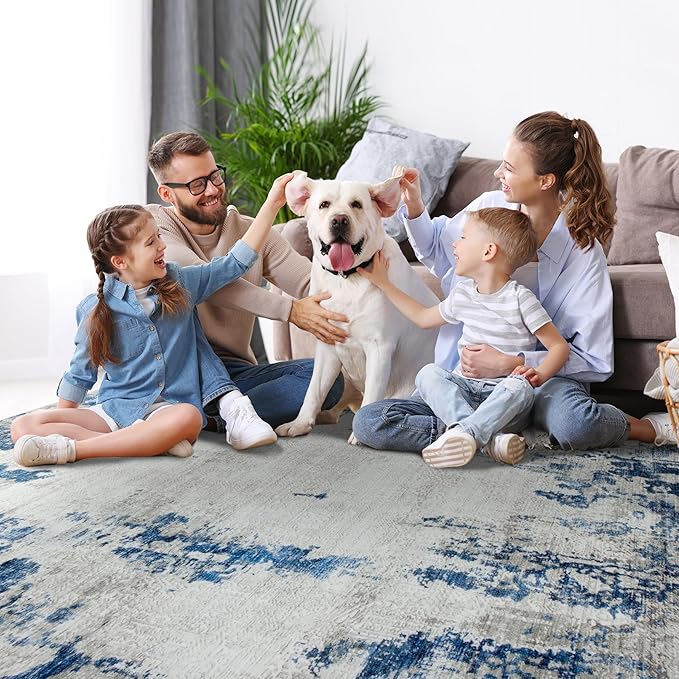 5x7 Area Rugs for Living Room Rug Washable: Modern Rug for Dining Room Bedroom Carpet Non Slip Low Pile 5 by 7 Indoor Abstract Nursery Home Office Blue White