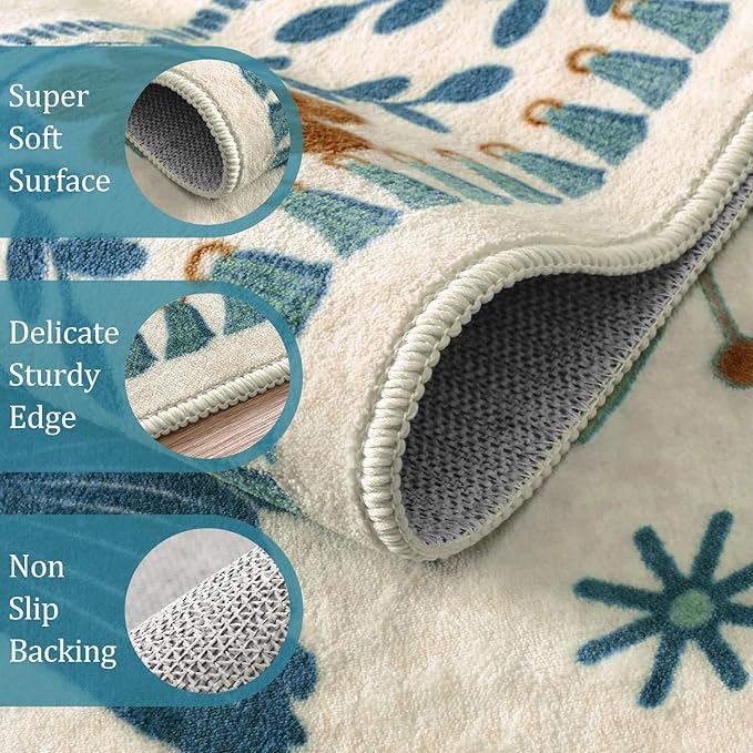 Morebes Floral Washable 5x7 Nursery Rug, Boho Insect Living Room Rug Non Slip, Vintage Jungle Bird Rug for Bedroom, Indoor Plant Floor Carpet for Playroom Foyer, Beige/Multi