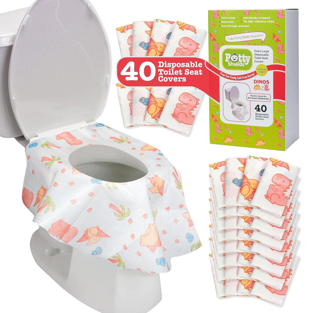 Toilet Seat Covers Disposable (40 pk, Dinosaurs) - XL Waterproof Toilet Cover for Toddlers, Kids & Adults - Portable & Individually Wrapped for Travel, Potty Training, Public Restrooms