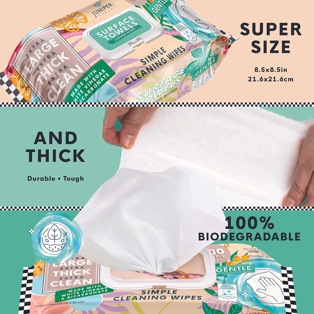 6 Packs Surface Cleaning Wipes Bleach Free, Thick & Large Dispose, All-Purpose Cleaner for Bathroom, Kitchen, Office, 600 Count Soft Flow, Biodegradable, Juniper Scent