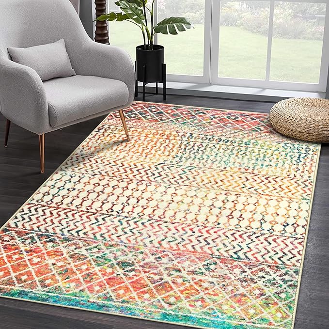 Moroccan Living Room Rugs, 5x7 Soft Bohemian Distressed Non-Slip Large Rug, Low Pile Washable Farmhouse Rug Indoor Floor Carpet for Bedroom Under Dining Table Home Office Decor