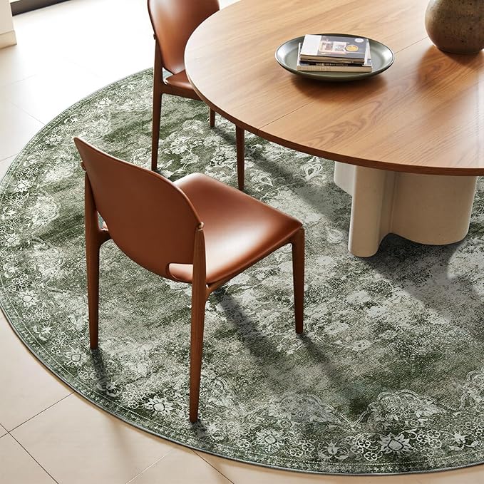 jinchan Round Rug 8ft Area Rug - Green Vintage Floor Mat Kitchen Indoor - Washable Circle 8' Thin Floral Print Carpet Retro Farmhouse Non Slip Dining Room Living Room Bedroom Office