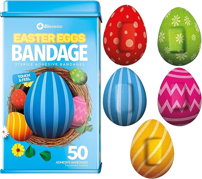 BioSwiss Bandages, Easter Egg Shaped Self Adhesive Bandage, Latex Free Sterile Wound Care, Fun First Aid Kit Supplies for Kids, 50 Count