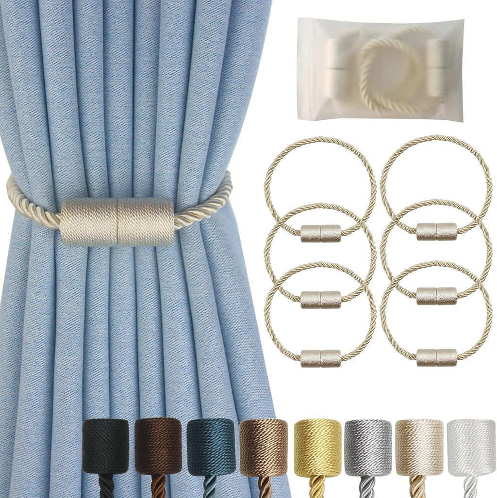 Magnetic Curtain Tiebacks 6 Pack Beige Curtain Rope Tieback Curtain Holders for Drapes Modern Tie Backs Decorative Curtain Holdbacks