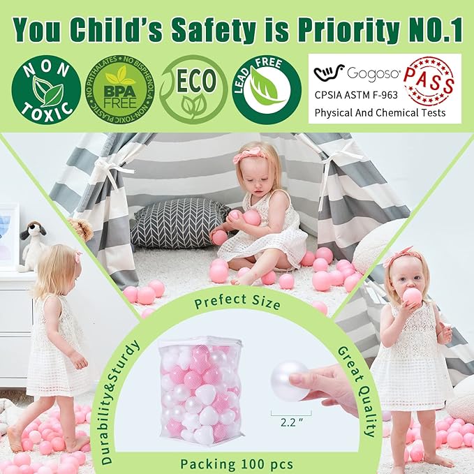 GOGOSO Pink Ball Pit Balls with Star Bals Heart Balls 100 - Crushproof Plasticballs for Babies Toddlers Kids Children for 1 2 3 4 5 Years Old,5 Colors,2.15inches