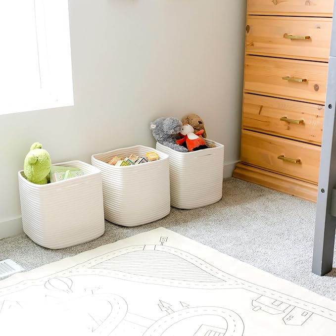 NaturalCozy 13 Inch Cube Storage Bins Cotton Rope Woven Baskets for Organizing 3-Pack | 13 x 13 Storage Cubes | Fabric Square Storage Baskets for Shelves Organizer, Kids Toy Bins, Closet Baby Nursery