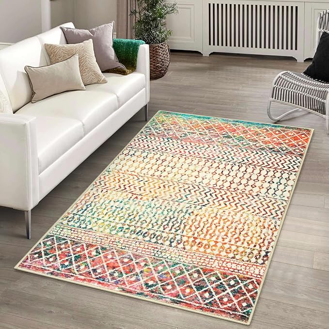 Moroccan 3x5 Rug,Ultra Soft Area Rugs for Living Room Non-Slip, Low-Pile Retro Distressed Colorful Nursery Rug for Kitchen Entryway Bedroom Living Room Office Carpet