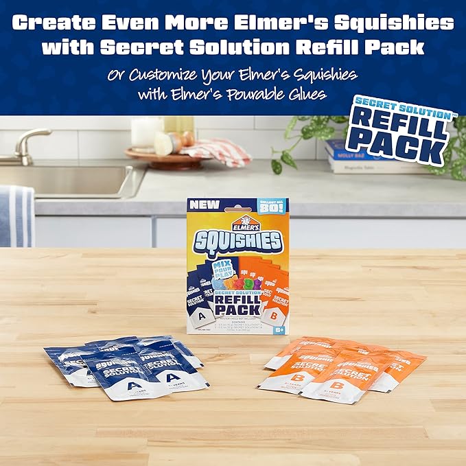 Elmer’s Squishies Kids’ Activity Kit, DIY Squishy Toy Kit Creates 2 Mystery Characters, 12 Piece Kit