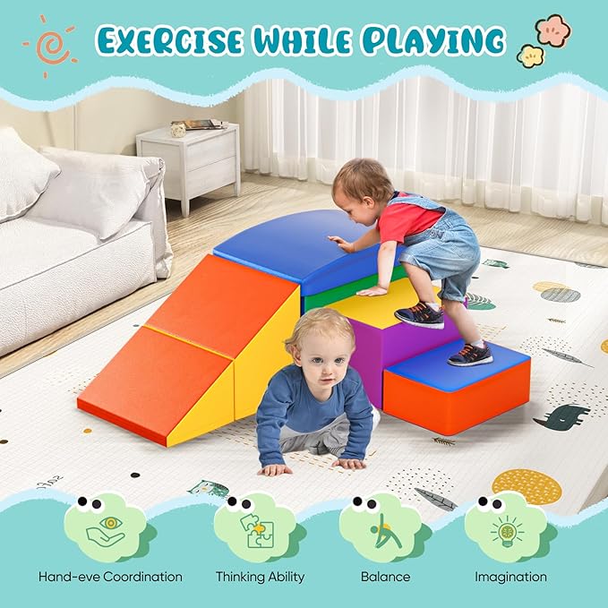 Lischwert Indoor Soft Foam Climber Play Sets, Toddler Climbing Toys Indoor with Slide Stairs and Ramp Indoor Climbing Toys for Kids and Children,6 Pieces Colorful