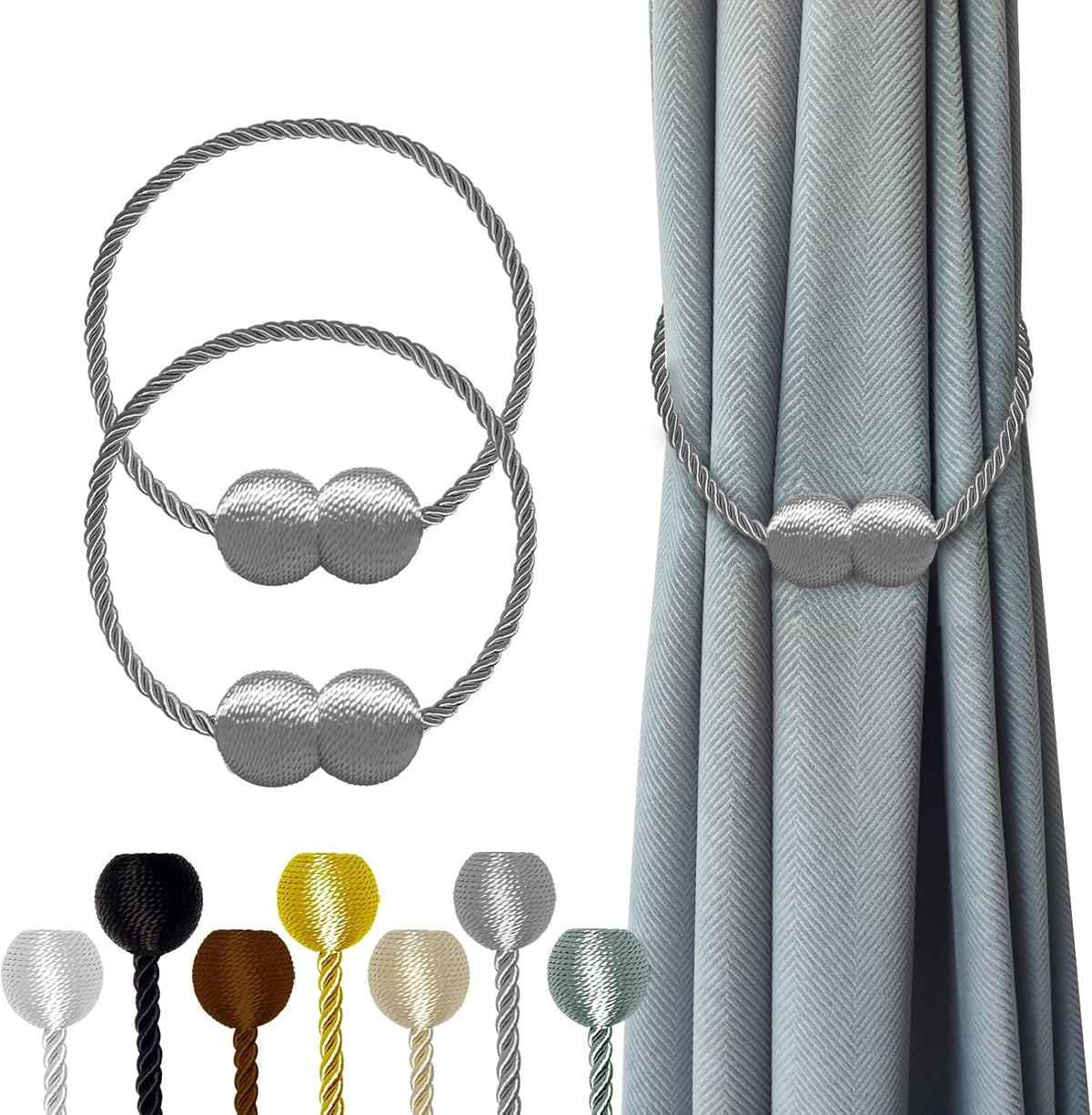 Hion Magnetic Curtain Tiebacks Grey 2pcs, Curtain Tiebacks Buckles Holdbacks Holders Hooks Clip for Home Bedroom Office Decorative Curtain