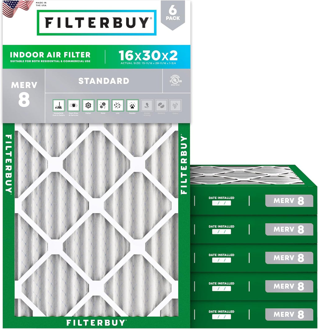 Filterbuy 16x30x2 Air Filter MERV 8 (MPR 700) Dust Defense Replacement (6-Pack), Electrostatic Pleated HVAC AC Furnace Filters, Made in USA (Actual Size: 15.69 x 29.69 x 1.75)