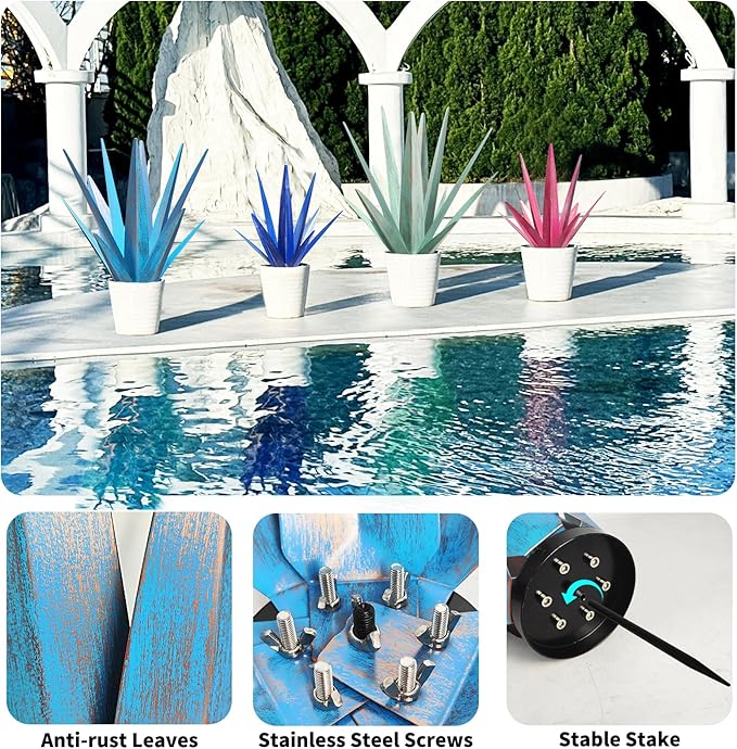 Large Tequila Rustic Sculpture, Rustic Metal Agave Plants for Outdoor Patio Yard, Home Decor Hand Painted Metal Agave Garden Yard Statue, Outdoor Lawn Ornaments (Dark Blue - L (W/Solar Light))