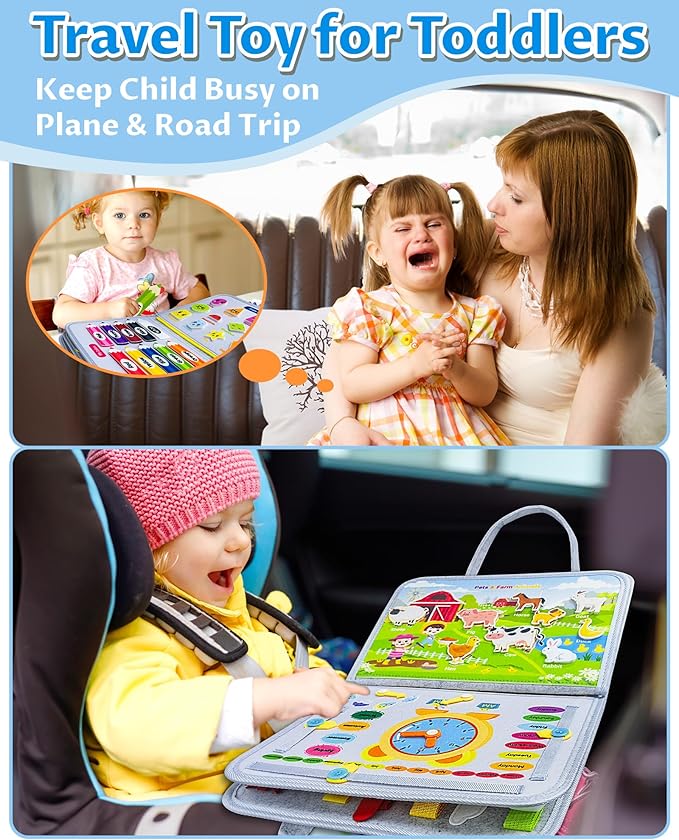 Exorany Busy Board Montessori Toys for Toddler Boy & Girl Birthday Gifts, Busy Book Learning Sensory Toys for Toddlers, Toddler Travel Toy Educational Activities Learn Fine Motor Skills