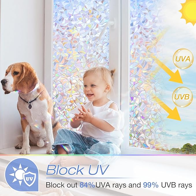 Homein Window Privacy Film, Rainbow Window Film Decorative 3D Window Clings Non Adhesive Window Tint for Home, Stained Glass Window Film for Glass, UV Blocking, 17.5 x 78.7 inches