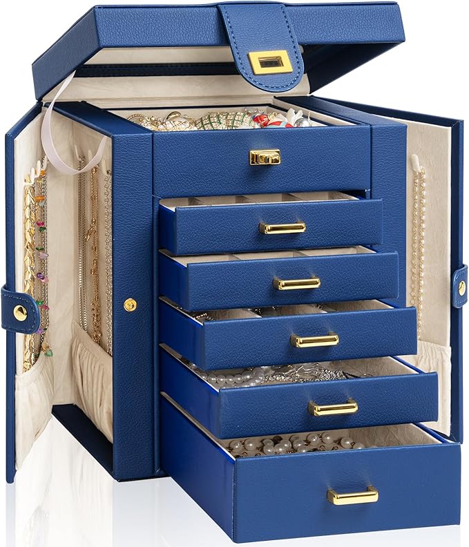 AKOZLIN Jewelry Box Organizer Functional Leather Jewelry Storage Case for Women Girls Ring Necklace Earring Bracelet Holder Organizer with Mirror Blue