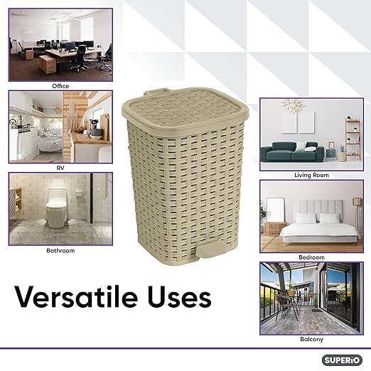 Small Outdoor Trash Can with Lid for Dog-Poop 1.5 Gallon/6 L Mini Plastic Garbage Can with Foot Pedal for Bathroom, Bedroom, Office, Patio, Wicker Beige
