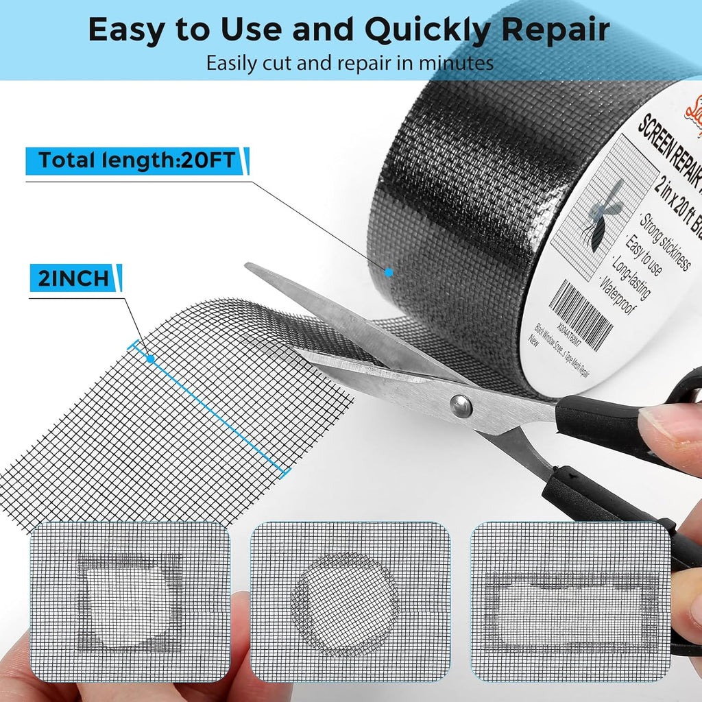 Black Window Screen Repair Tape, 2IN X 20FT Screen Repair Kit for Windows or Doors, Strong Adhesive Fiberglass Mesh Patch Tape