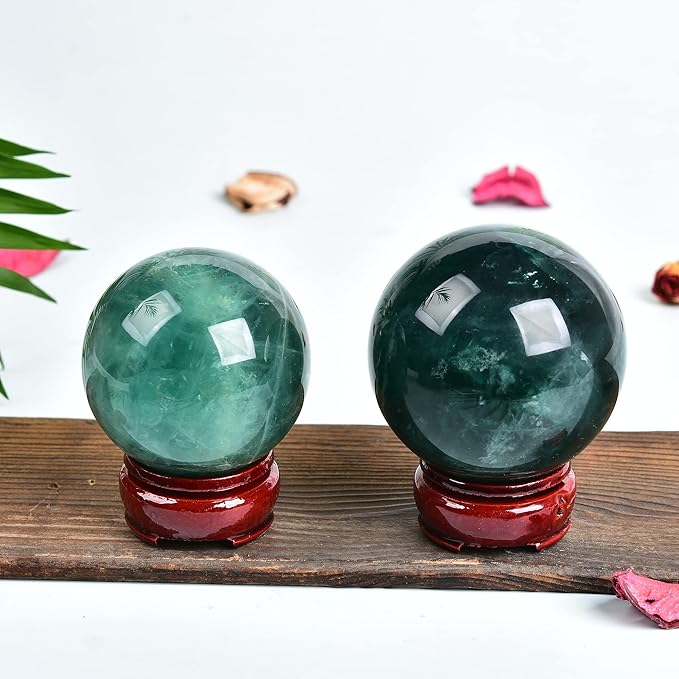 JIC Gem Small Natural Fluorite Crystal Ball Green Purple Quartz Healing Gemstone Sphere with Decorative Wooden Stand for Meditation,Home Decoration Christmas Day Gifts (60-70mm)