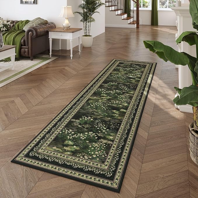 Runner Rug Impressionist-Style Vintage Kitchen Rugs Non Slip Washable Soft Carpet Runner for Kitchen Laundry Bedroom Bathroom, Green