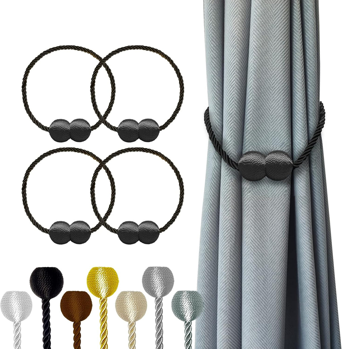 Hion Magnetic Curtain Tiebacks 4 Pack, Nickel-plated Metal and Polyester, Black