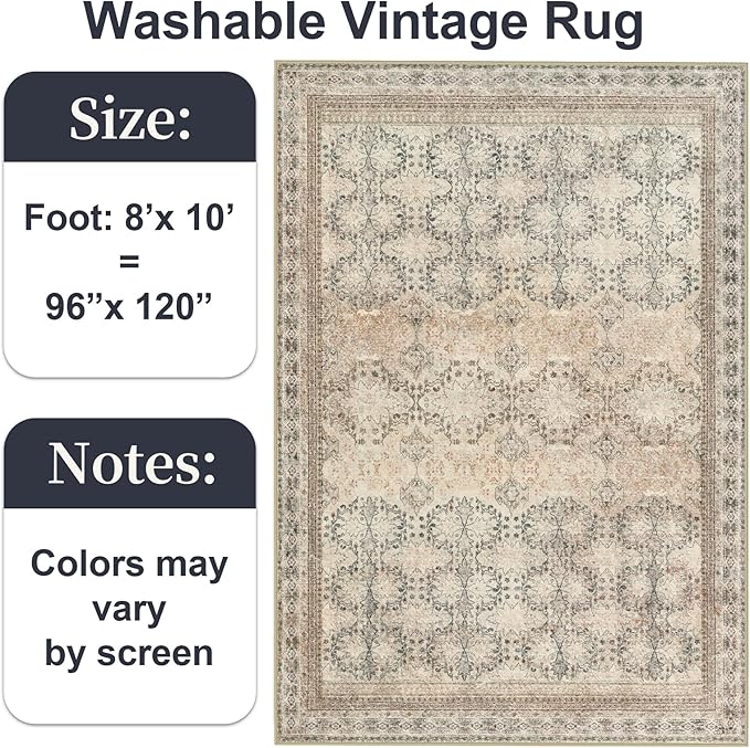 Large 8x10 Washable Area Rug for Living Room, No Shedding Vintage Floral Print Rugs Non Slip, Indoor Foldable Thin Retro Accent Carpet for Bedroom Farmhouse Dining Room Beige/Pink/Orange