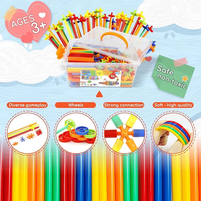Ggiibro Straw Constructor Toys STEM Building Toys 800Pcs Toys for 3+ Year Interlocking Plastic Toys Engineering Toys Thin Tube Blocks Toy Educational Toy Kit for Indoor Kids Toys with a Storage Box