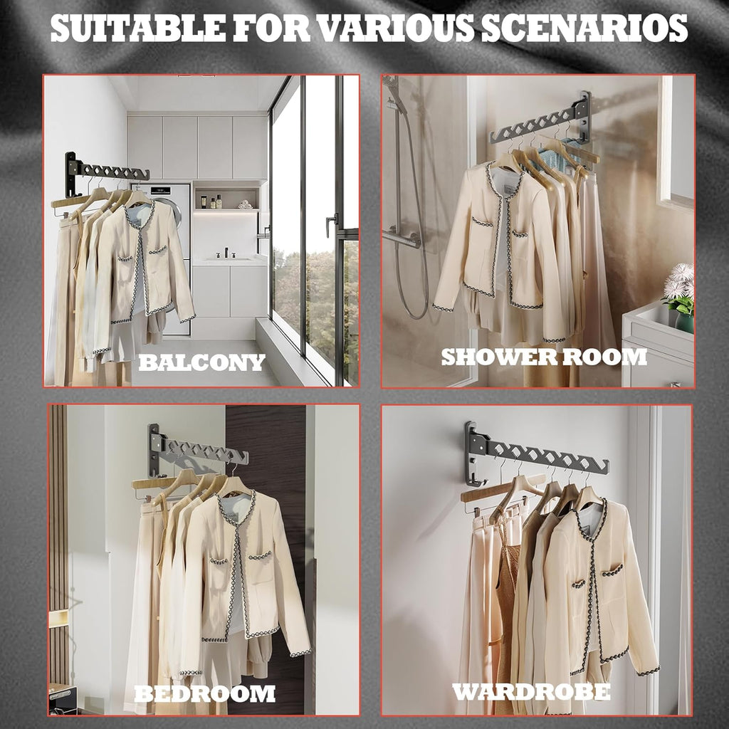 Dr.DJ Wall Mount Coat Hanger Holder Black Clothes Drying Organizer Rack Garment Hooks Aluminium Retractable Folding Indoor Wall Mounted Hanger for Laundry Room Bedroom Black 2Pack with 80cm Rod