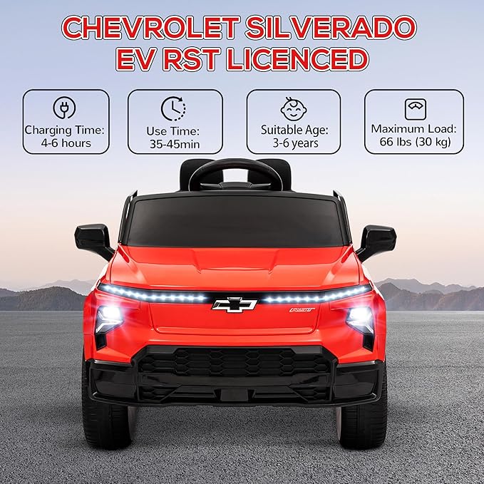 Qaba 12V Kids Ride on Truck, Chevrolet Silverado EV RST Licensed Electric Car with Parent Remote Control, Back Storage, Spring Suspension, Soft Start, Auxiliary Wheels, LED Lights, Music, MP3, Red