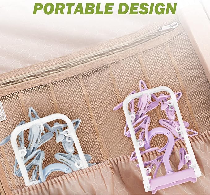 Clothes Drying Hanger with 12 Clips, 2 Pack Folding Portable Hanging Drying Rack,Drip Foldable Hanging Rack, 360° Rotatable Hook for Drying Towels Bras Baby Clothes Gloves Plastic(Blue&Purple)