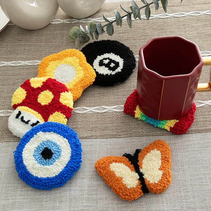 Anidaroel Punch Needle Coaster Kit, Punch Needle Kits for Adults Beginners Include 6 Pattern Tufted Coasters with Adhesive Felt Yarns, Hoops, Tools, Coaster DIY Needle Punch Craft