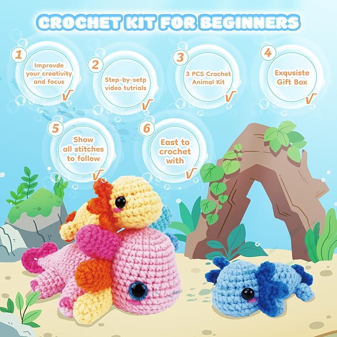 Crochet Kit for Beginners-3PCS Axolotl Crochet Kits for Adults Kids, Crochet Starter Kit with Step-by-Step Video Tutorials, Crochet Animals Kits DIY Craft Knitting Kit Learn to Crochet Kits for Adults