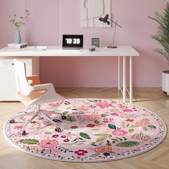 Rugcomf Round Rug 6ft Washable Circle Rug Non Slip Low Pile Boho Floral Small Circular Rug for Bedroom, Bathroom, Entryway, Kids Room, Office, College Dorm(Pink)