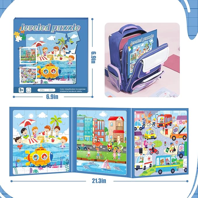 Magnetic Puzzles for Toddlers 3-5, 75-Pieces Travel Toys, Transportation Puzzles Ages 4-6, Educational Learning Magnets, Road Car Trip & Airplane Activities Toys for 3 4 5 6 7 Girls Boys Gift