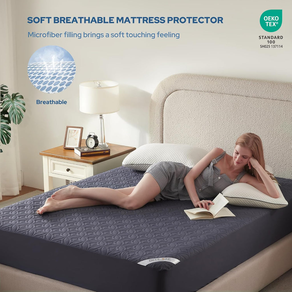 BEDLORE Waterproof Mattress Protector, King Size Mattress Pad with Deep Pocket 6"-18" Depth, Soft Dirt-Proof Double Bed Mattress Cover for Bedroom, College Dorm, Hotel (Navy Blue)