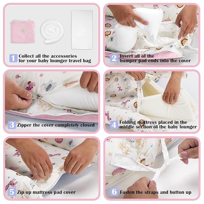 Baby Lounger for Tummy Time Portable,Baby Play mat with Strap,Newborn Lounger Inner Zipper for Boys Girls 0-24 Months,Animal World Pink