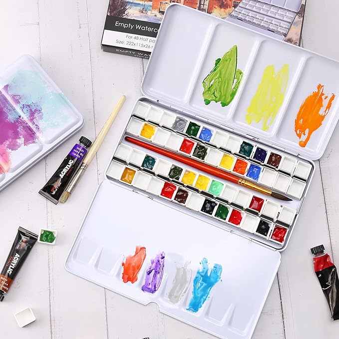LOONENG Empty Watercolor Palette, Empty Watercolor Tin with Fold Out Palette, Large Colorful Watercolor Tray Palette with 52 Empty Half Pans for Plein Air Painting and Sketching