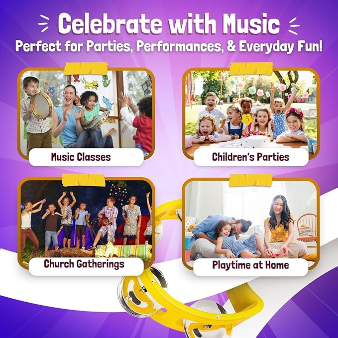 Flexzion Half Moon Musical Tambourine Set of 4, Red Yellow Blue Green, Double Row Metal Jingles Hand Held Percussion Drum with Ergonomic Handle Grip