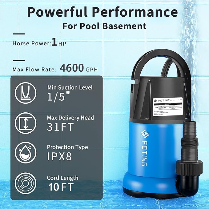 FOTING Sump Pump 1HP Clean/Dirty Submersible Water Pump, 4600GPH Utility Pump Thermoplastic Electric Portable Transfer Water Pump for Swimming Pool Garden Pond Basement with 10ft Long Power Cord
