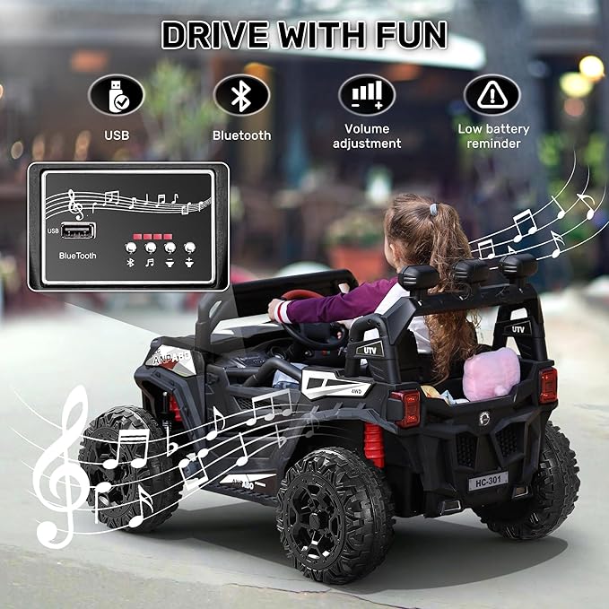 ANPABO 24V 4X4 Ride on Car Truck w/Remote Control, 4WD/2WD Switchable Kids UTV, 19" Spacious Seat, 4 Shock Absorbers, Soft Start, Music Player, Electric Car for Kids Ages 3+(Black