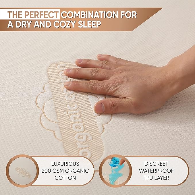Waterproof Organic Mattress Protector California King - Organic Cotton Breathable Mattress Pad Cover - 250 GSM Comfort - Deep Pocket - Fitted Comfort