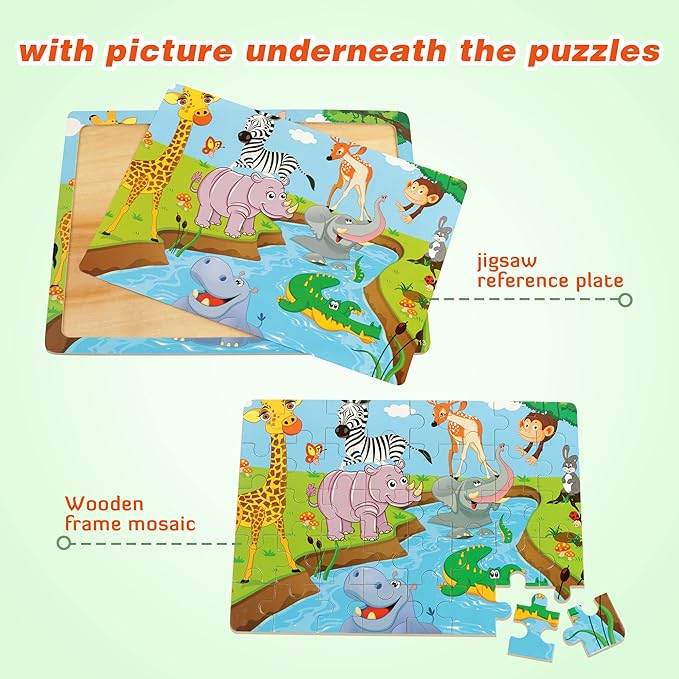 SYNARRY Puzzles for Kids Ages 4-8, 4 Pack Wooden Jigsaw Puzzles for Kids Ages 3-5 Years Old 40 Pieces, Preschool Puzzle Toy Gift for Children Boys and Girls, Farm Dinosaur Animal Construction Theme