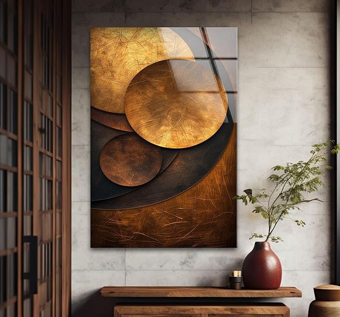 My Photostation.com 40WX60H'' Bronze Art Deco Geometric Motifs Glass Wall Art Tempered Glass Printing Wall Decor Large Wall Art Wall Hangings