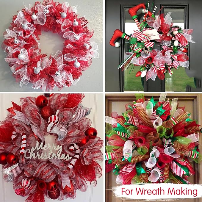 TONIFUL 4 Rolls 10 Inch Red and White Decorative Mesh Ribbbon Rolls, for Wreath Supplies Front Door Craft Tree Decor Christmas NewYears Valentine's Day Halloween Decoration (30ft/roll, 120ft/Set)