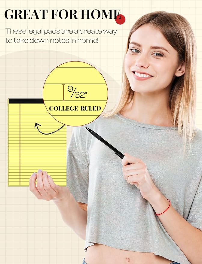 12 Pack Small Yellow Legal Pads 5x8 Note Pads 5x8 College Ruled Yellow Notepads 5x8 Narrow Ruled Yellow Paper Pads 25 Lines 80 GSM Small Paper Tablets 5x8" Lined Notepad With 30 Sheets Per Legal Pad