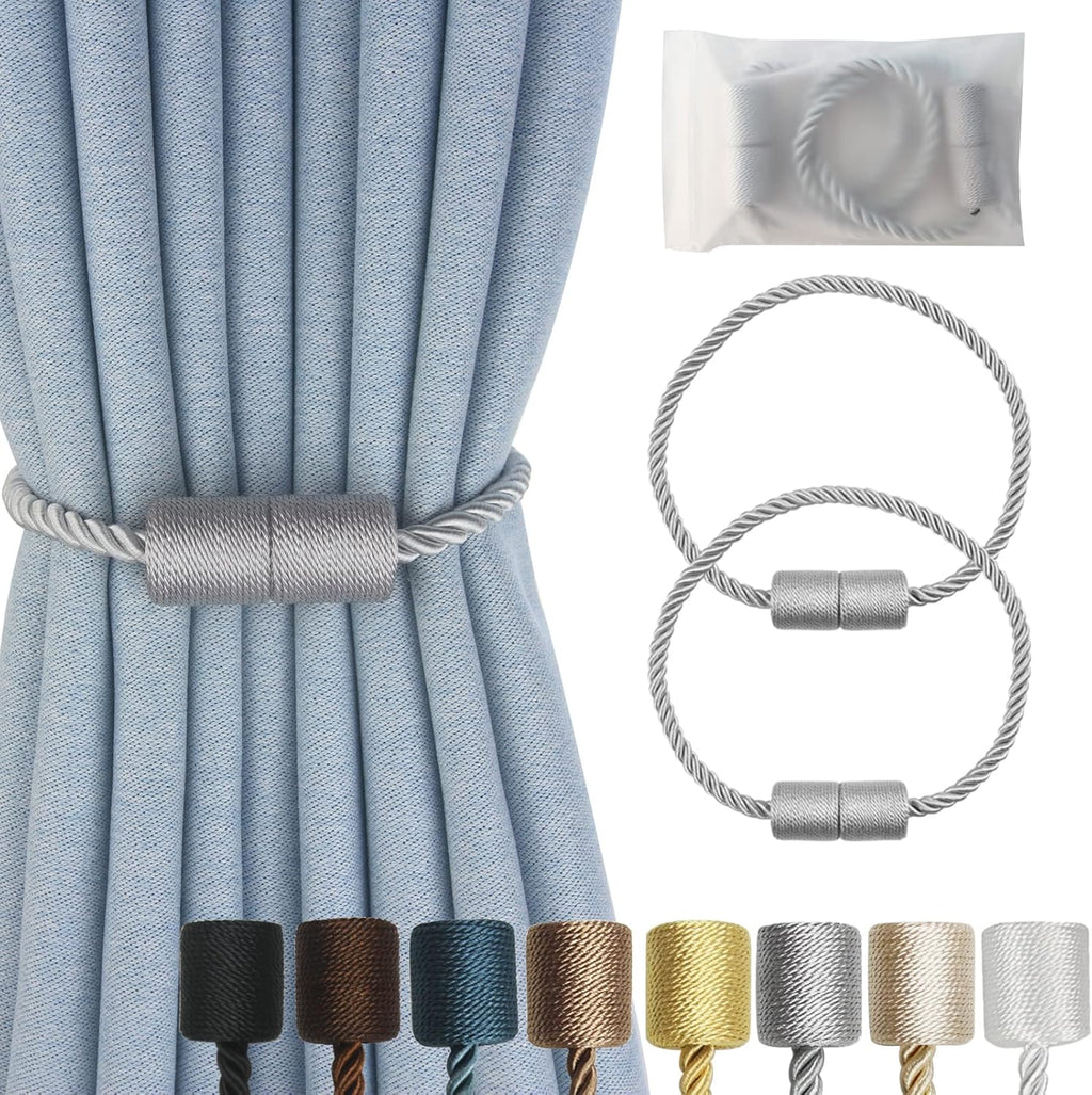 Magnetic Curtain Tiebacks 2 Pack Grey Curtain Rope Tieback Curtain Holders for Drapes Modern Tie Backs Decorative Curtain Holdbacks