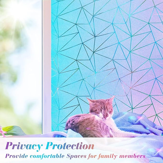 Coavas Rainbow Window Privacy Film, Frosted Glass Static Cling, Decorative Bathroom Door Cling, UV Blocking Day and Night Window Tint, Non-Adhesive Vinyl Sticker, 23.6x78.7 inches