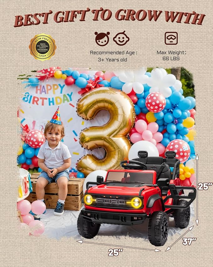 Ford Bronco Raptor Licensed 12V Ride on Toys, Kids Ride on Car with Remote Control, Electric Car for Toddler with Smooth Start, Openable Doors, MP3 Player, 3 Speeds (12V, Red)